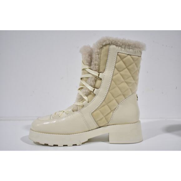 Chanel 21K Ivory Velvet Shearling Fur Brave CC Lace Up Tie Ankle Tall Boots 36 - Picture 8 of 12